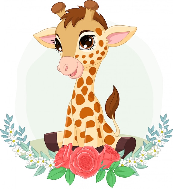Download Cartoon baby giraffe sitting with flowers background ...