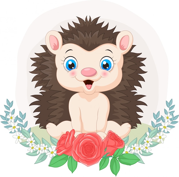 Cartoon baby hedgehog with flowers background | Premium Vector