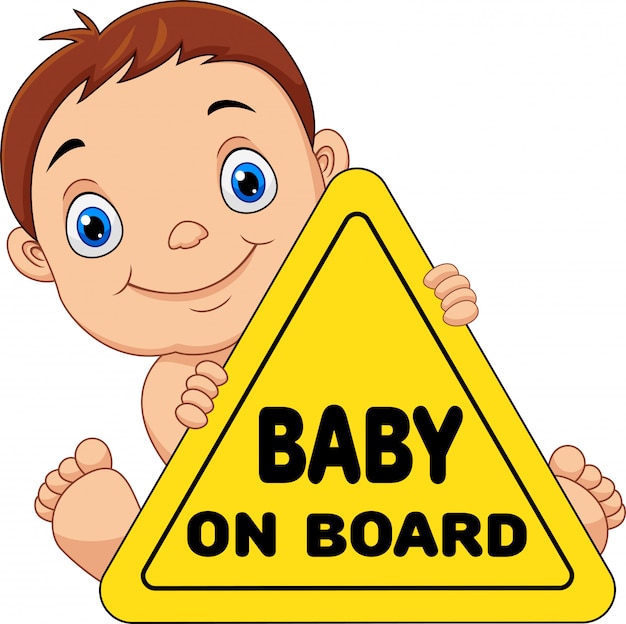 ボード上の黄色の安全標識を保持している漫画の赤ちゃん プレミアムベクター