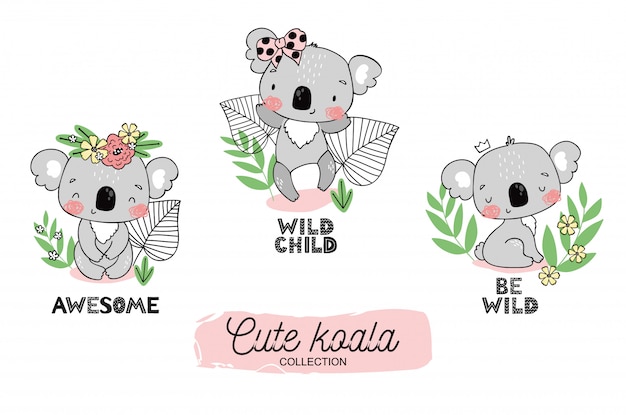 漫画の赤ちゃんコアラかわいいジャングルの動物キャラクターコレクション 手描きのデザインイラスト プレミアムベクター