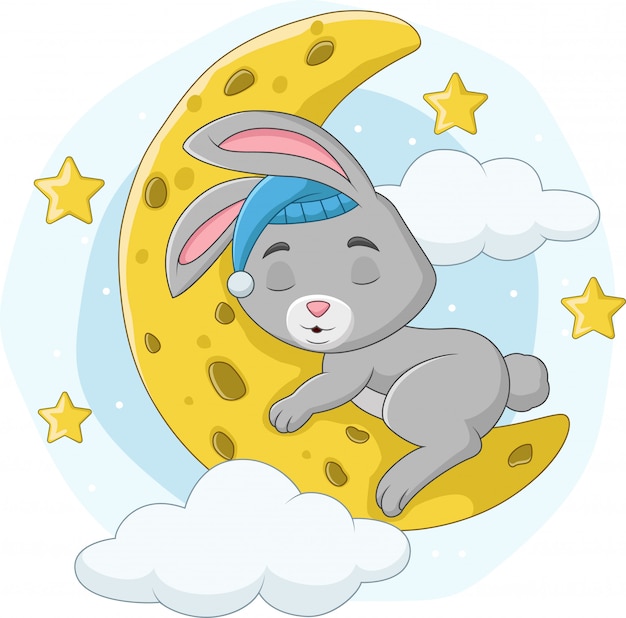 Premium Vector | Cartoon baby rabbit sleeping on the moon