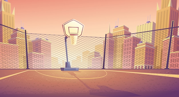市のバスケットボールコートの漫画の背景 ゲーム用バスケットのある屋外スポーツアリーナ 無料のベクター