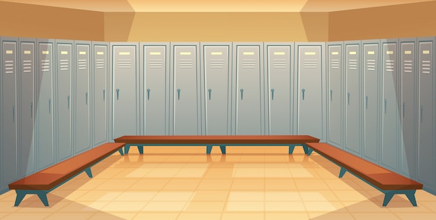 Free Vector Cartoon Background With Rows Of Individual Lockers Empty Dressing Room With Closed Metal