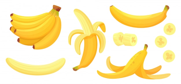 漫画のバナナ 皮をむいたバナナ 黄色のフルーツ バナナの束分離イラストセット プレミアムベクター