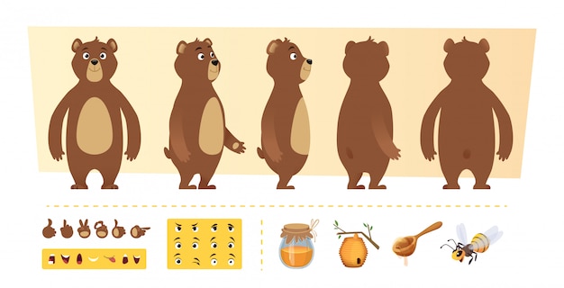 Cartoon bear animation. cute wild animal body parts and nature items honey trees  character creation