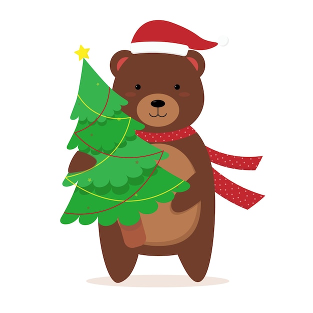 Premium Vector | Cartoon bear with christmas tree