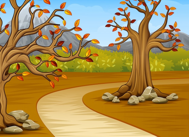 Premium Vector | Cartoon of beautiful autumn tree with a mountain ...