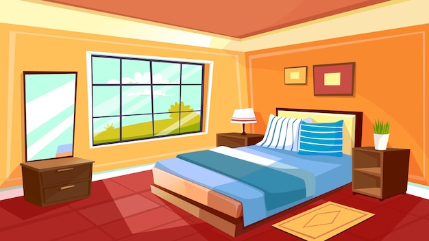 Free Vector Cartoon Bedroom Interior Background Template Cozy Modern House Room In Morning Light