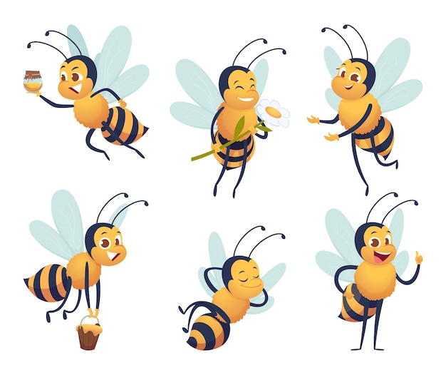 漫画の蜂 幸せな飛んでいる昆虫のマスコット蜂の性質の蜂蜜は 孤立したキャラクターを提供します プレミアムベクター