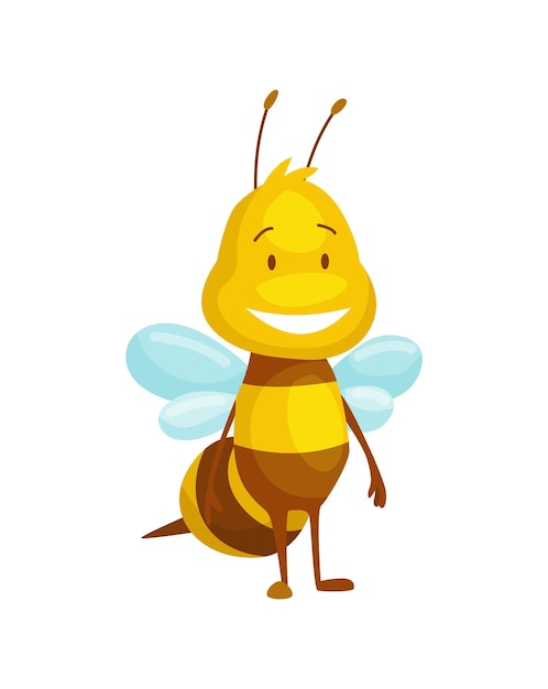 漫画の蜂の昆虫 幸せなハエのイラストのキャラクター 子供のためのかわいいハニーハーベスターのキャラクター スマイリーアニマル プレミアムベクター
