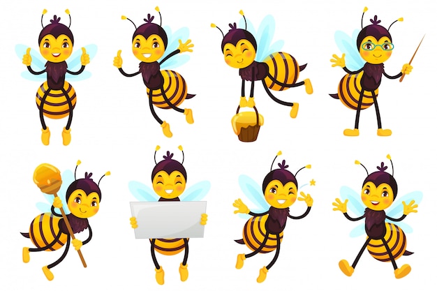 漫画蜂のマスコット かわいいミツバチ 空飛ぶ蜂 幸せな面白い黄色い蜂キャラクターマスコットベクトルイラストセット プレミアムベクター