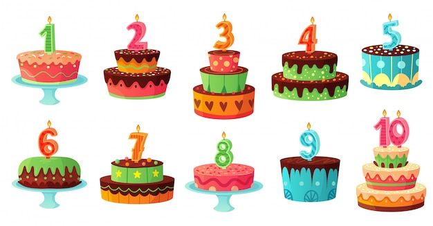 漫画の誕生日ケーキ番号キャンドル 周年記念キャンドル お祝いパーティーケーキイラストセット プレミアムベクター