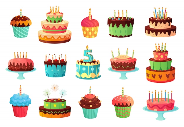 漫画の誕生日パーティーケーキ 甘い焼き菓子 カラフルなカップケーキ お祝いケーキイラストセット プレミアムベクター