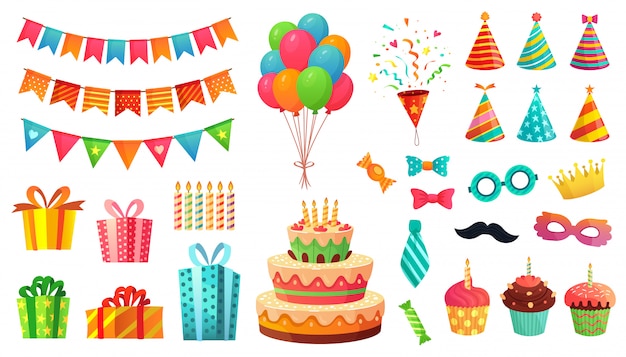漫画の誕生日パーティーの装飾 ギフトプレゼント 甘いカップケーキ お祝いのケーキ カラフルな風船イラストセット プレミアムベクター