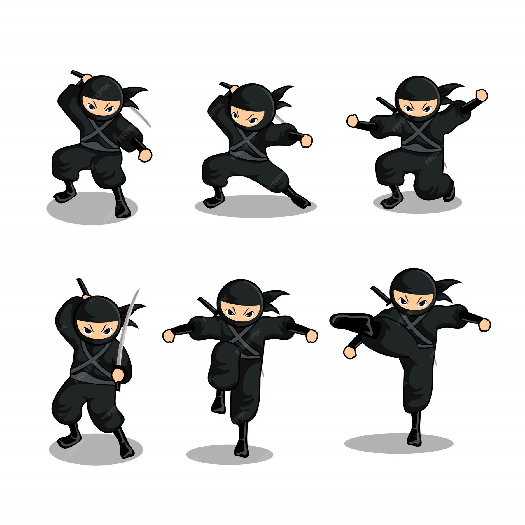 Premium Vector | Cartoon black ninja set with six different action