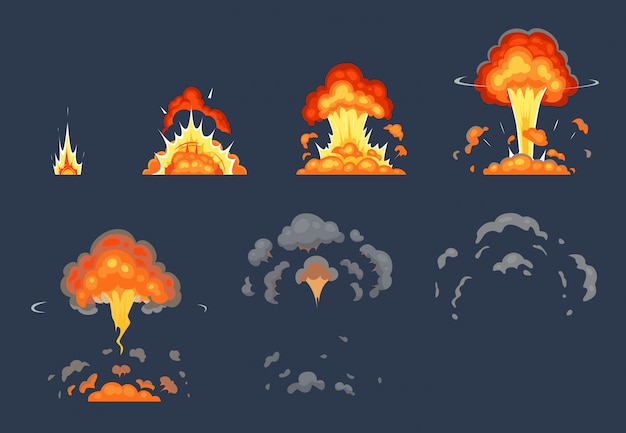 漫画爆弾爆発アニメーション アニメーションフレームの爆発 原子爆発効果 爆発煙イラストセット プレミアムベクター