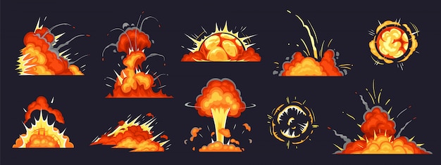 漫画爆弾の爆発 ダイナマイト爆発 危険爆弾爆発と原爆クラウドコミックイラストセット プレミアムベクター