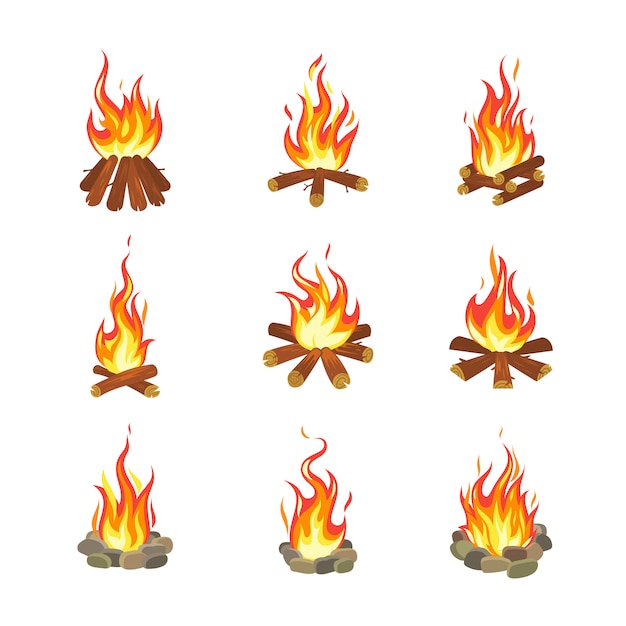 漫画たき火 観光夏のキャンプファイヤーの炎 薪トーチ暖炉燃焼積層木製フラットゲームデザインイラスト プレミアムベクター