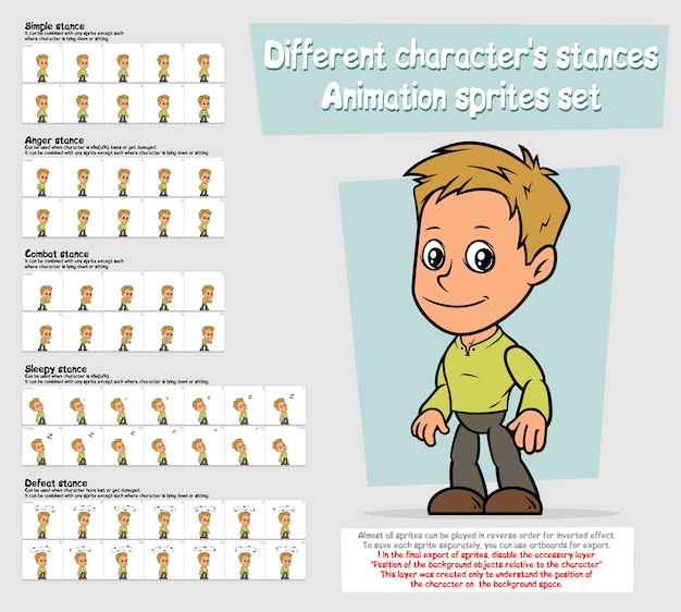 Download Cartoon boy character animation sprites sheet set | Premium Vector