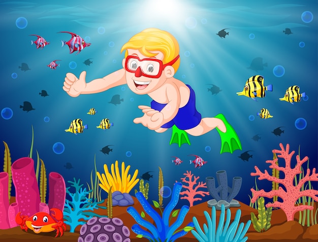 海で泳ぐ漫画の少年 プレミアムベクター