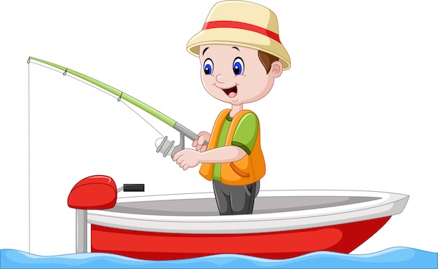 Download Premium Vector | Cartoon boy fishing on a boat