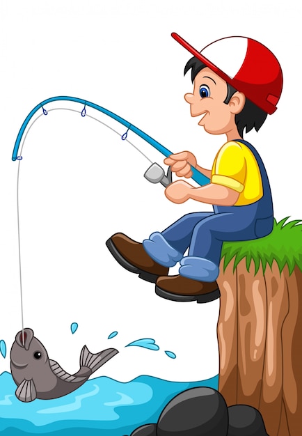 Download Cartoon boy fishing | Premium Vector