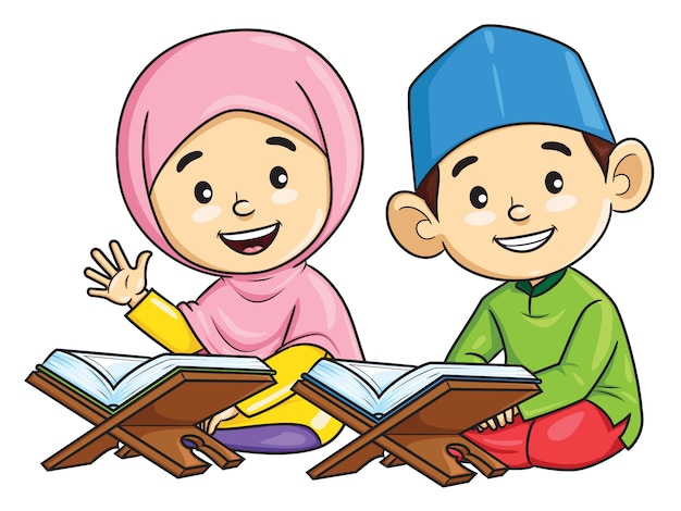 Premium Vector Cartoon Of Boy And Girl Muslim Recite The Quran