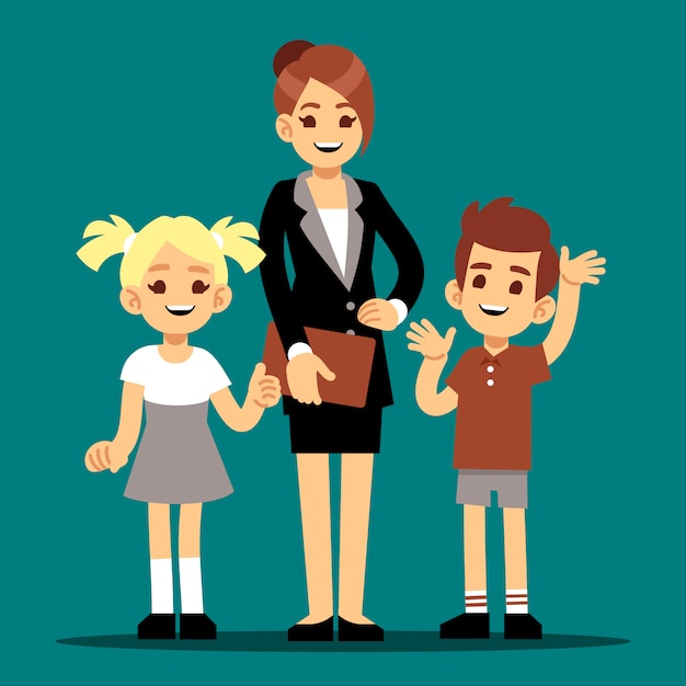 Premium Vector | Cartoon boy and girl with their first teacher. back to ...