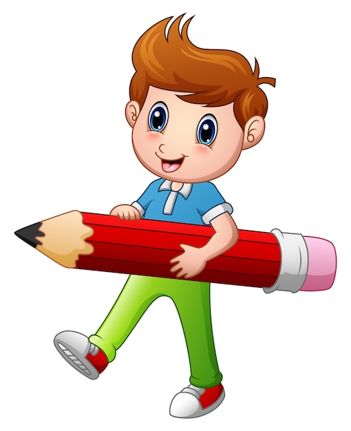 Download Cartoon boy holding a pencil Vector | Premium Download