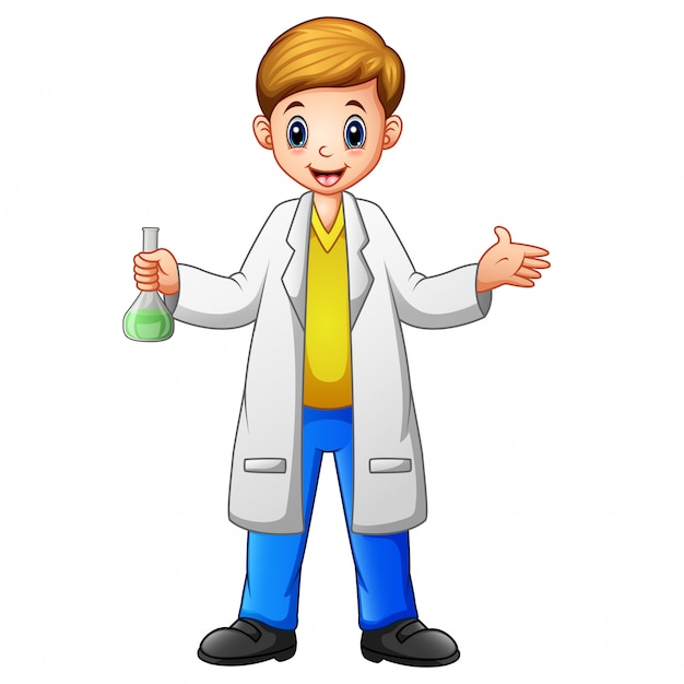 Premium Vector | Cartoon boy scientist holding a test tube