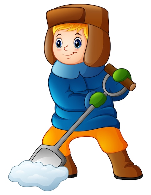 Premium Vector | Cartoon boy shoveling snow