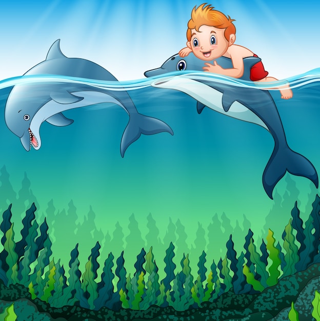 イルカと海の漫画の少年 プレミアムベクター