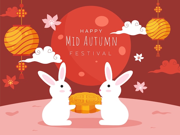 Premium Vector | Cartoon bunnies holding a mooncake, flowers, clouds ...