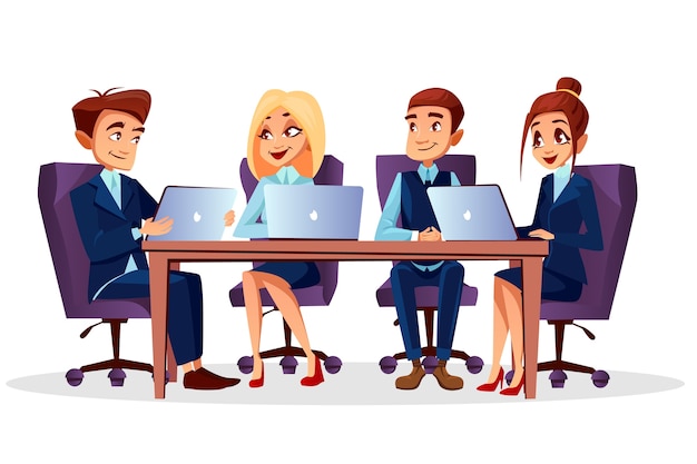 Cartoon Business People Sitting At Desk With Laptops Communicating