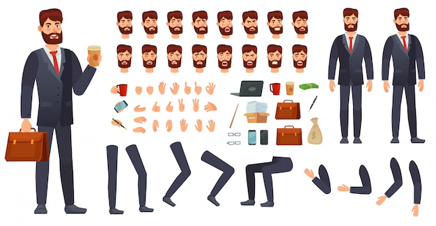  Cartoon businessman character kit. business characters constructor, different hands gestures, face 