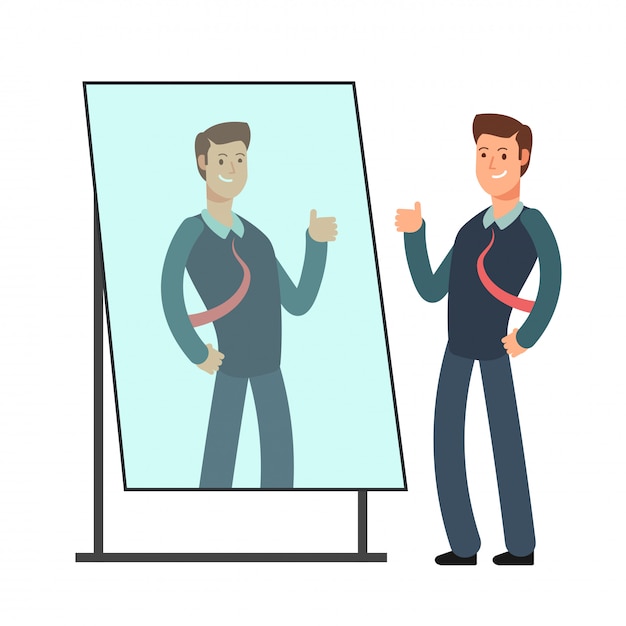 Cartoon businessman loves to look at his reflection in mirror. egoistic person vector consept Premium Vector