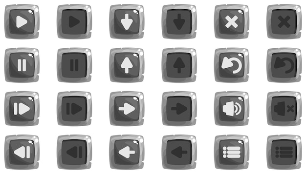 漫画のボタンはアイコンでゲームを設定します アイコンのキットは 2つの位置で灰色 モノクロです プレミアムベクター