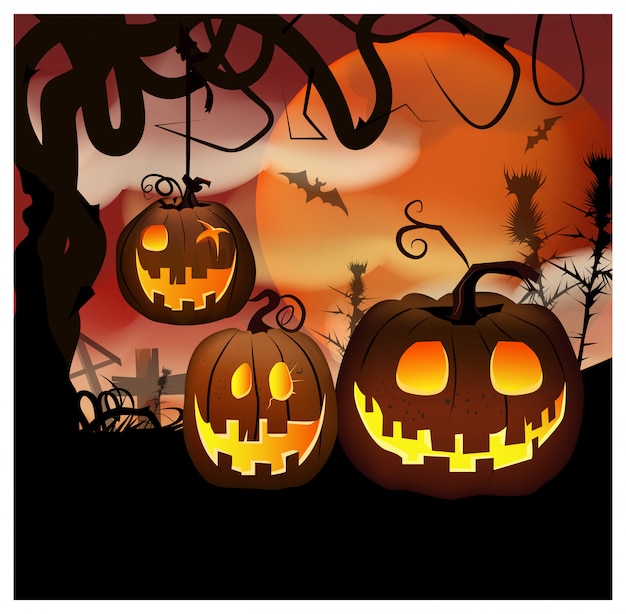 Cartoon carved pumpkins at night illustration | Premium Vector
