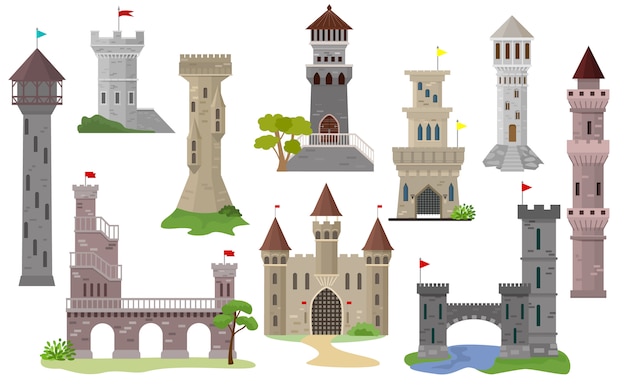 漫画城ベクトルおとぎ話中世の塔のファンタジー宮殿の建物 プレミアムベクター