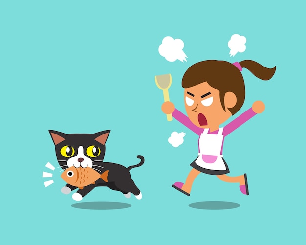 Premium Vector Cartoon Cat Stealing Fish From Woman