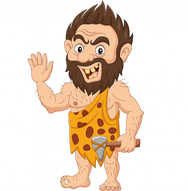 Premium Vector | Cartoon caveman holding a stone hammer and waving