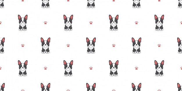 漫画のキャラクターのボストンテリア犬のシームレスなパターン背景 プレミアムベクター