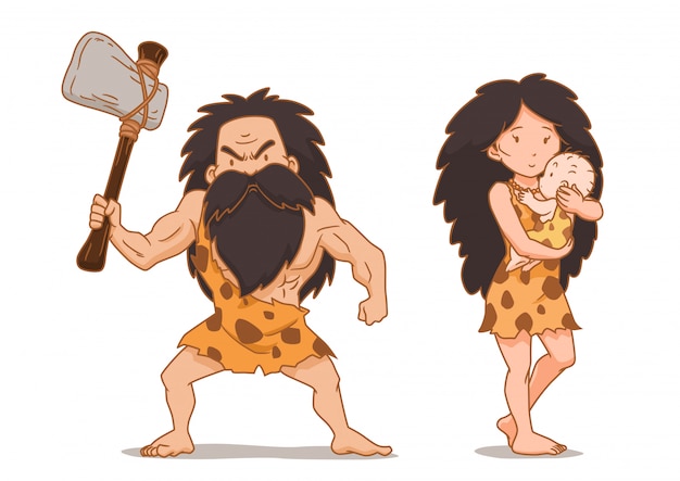 Cartoon character of caveman holding stone axe and cavewoman carrying ...