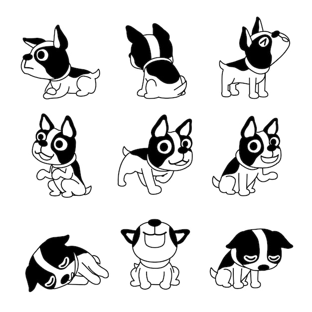 漫画のキャラクターが可愛いボストンテリア犬のポーズ プレミアムベクター