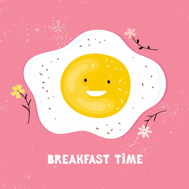 漫画のキャラクター面白い手書き卵と目玉焼きの朝食の時間 子供のためのポスター ピンクの背景にフレンドリーな卵 子供のための健康的な朝食 手描き年イラスト プレミアムベクター