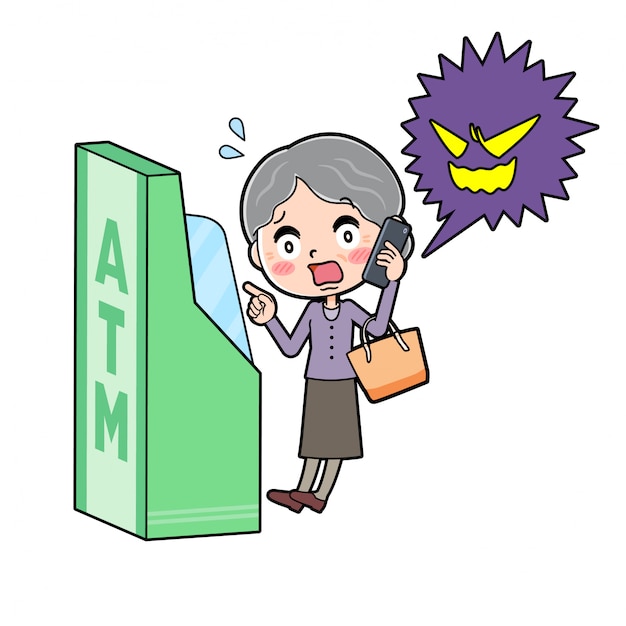 漫画のキャラクターのおばあちゃん Atm詐欺 プレミアムベクター