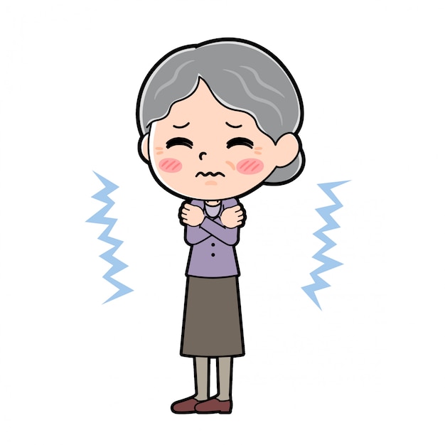 漫画のキャラクターのおばあちゃん 寒さ プレミアムベクター