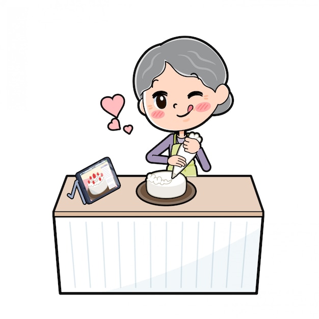 漫画のキャラクターのおばあちゃん 料理デコ プレミアムベクター