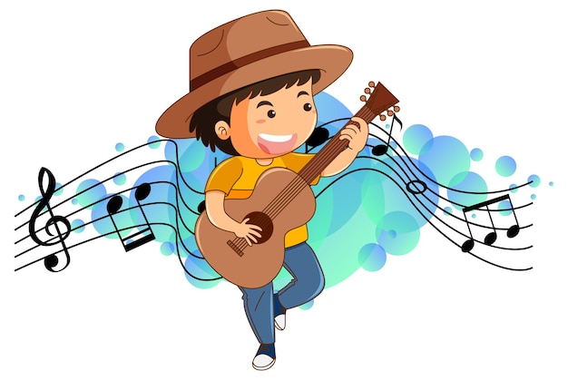 メロディー記号でギターを弾く少年の漫画のキャラクター 無料のベクター