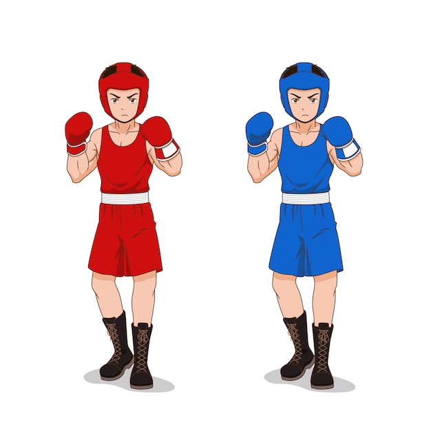 赤と青のスポーツウェアのアマチュアボクサーの漫画のキャラクター プレミアムベクター